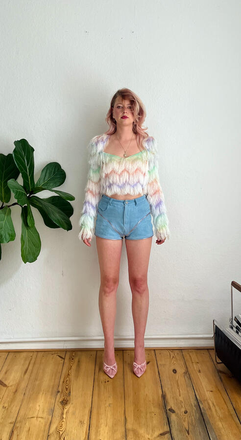Shorts Front View The same ephani jeans converted into shorts, front view, showing the modular transformation