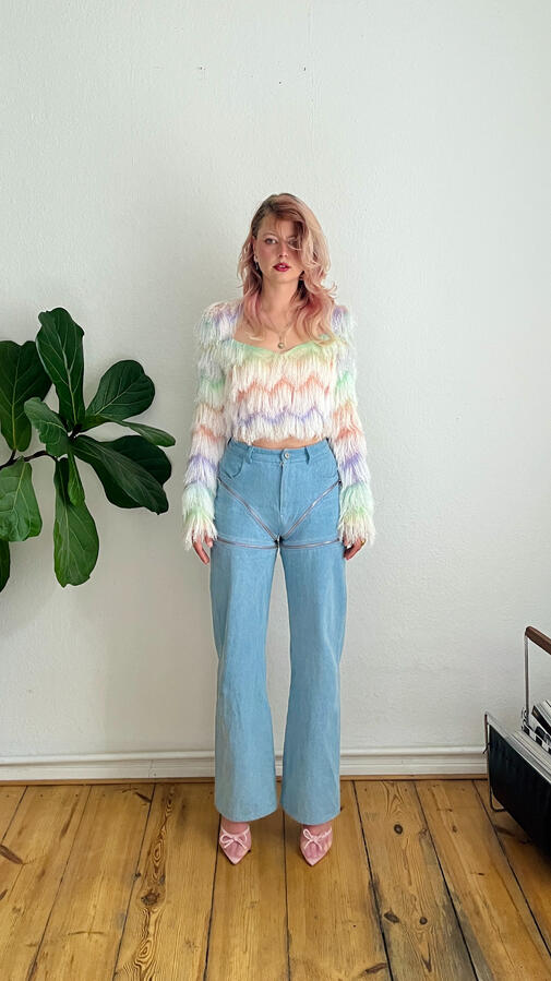 Full Jeans Front View ephani modular jeans worn full-length as wide-leg denim, front view, styled with a pastel fringe top